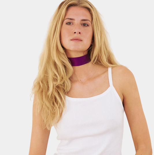 Model wearing a pure violet silk choker