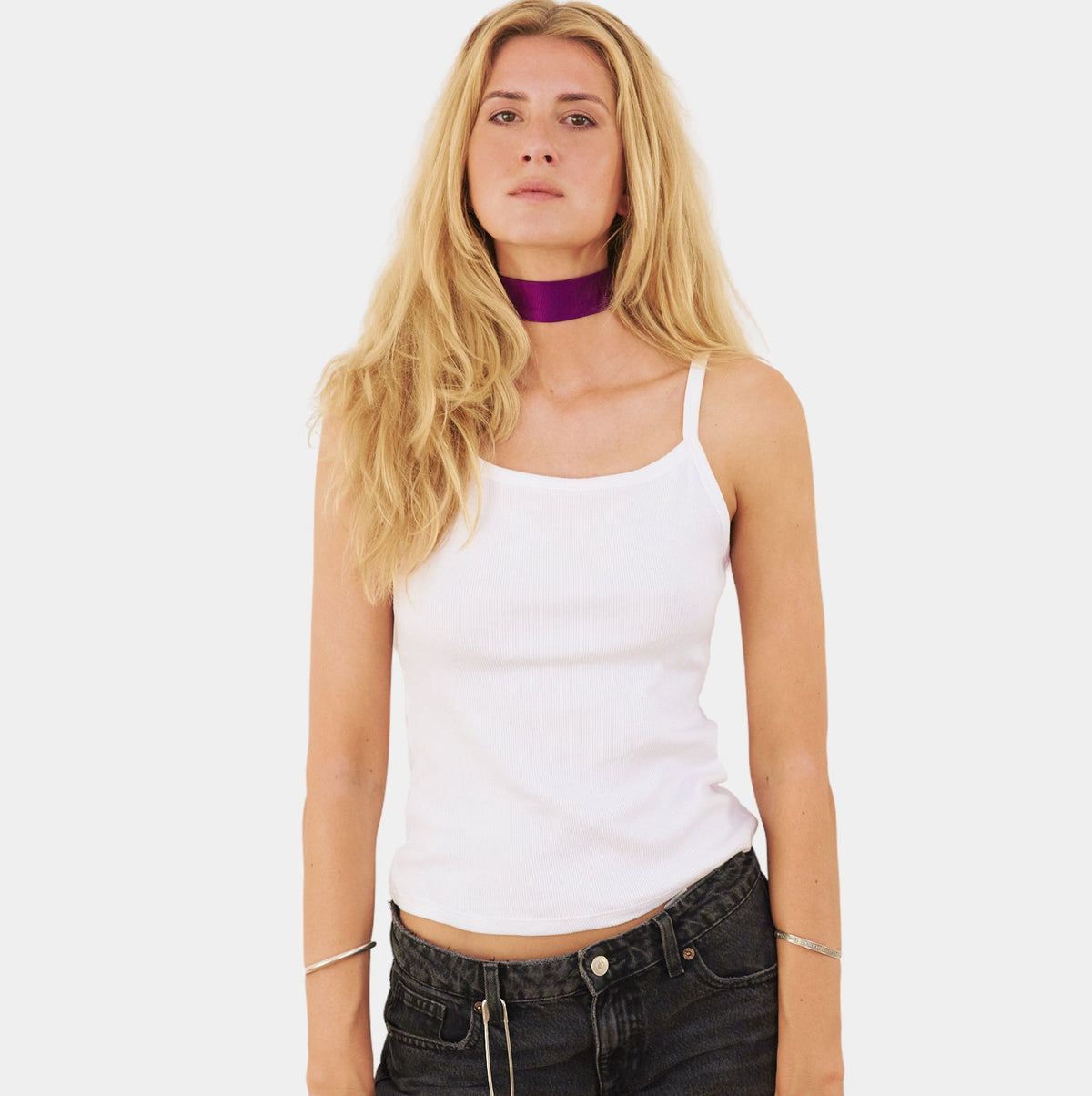 Model wearing a pure violet silk choker