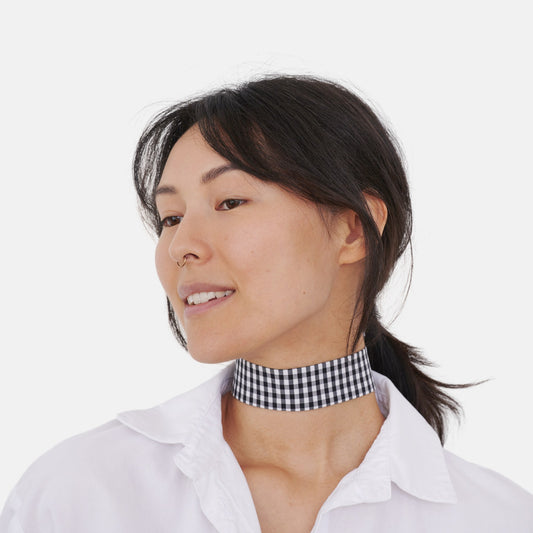 Model wearing the Black Vichy Cotton Choker | collo basics