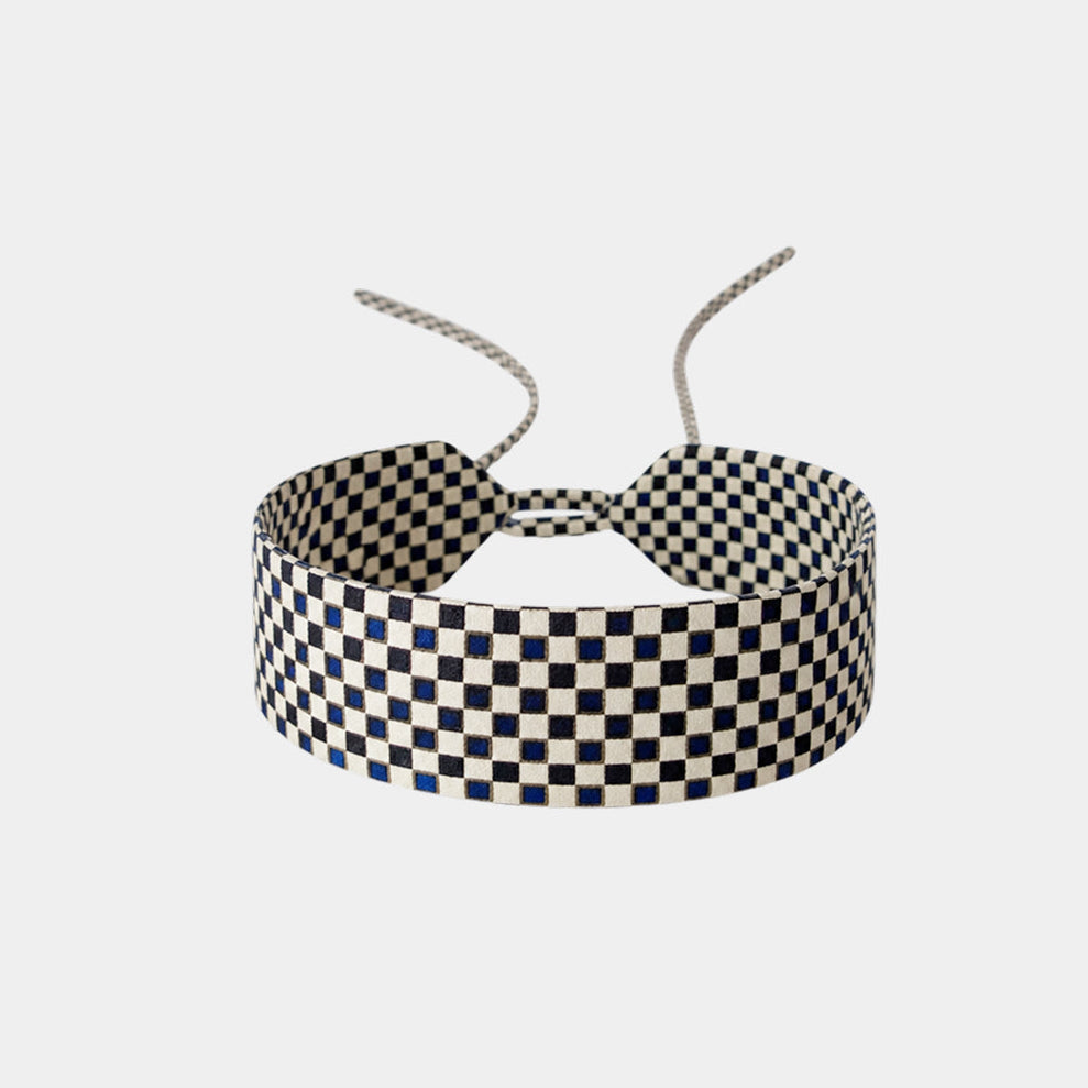 Black and Navy Silk Choker with Checkerboard pattern 