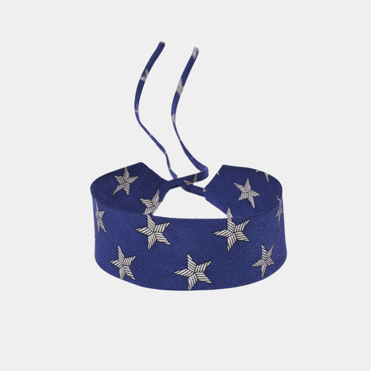 Blue silk choker with repeating white stars featuring striped detailing