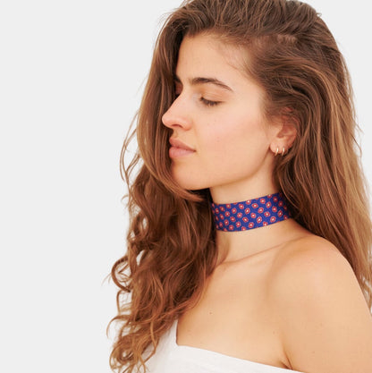 French Blue & Red Floral Silk Choker