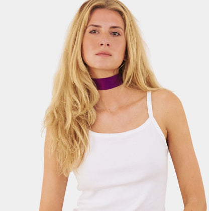 Model wearing a pure violet silk choker
