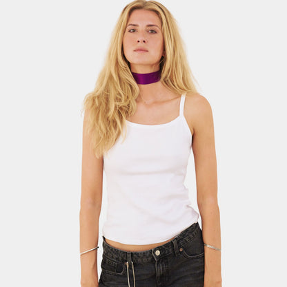 Model wearing a pure violet silk choker