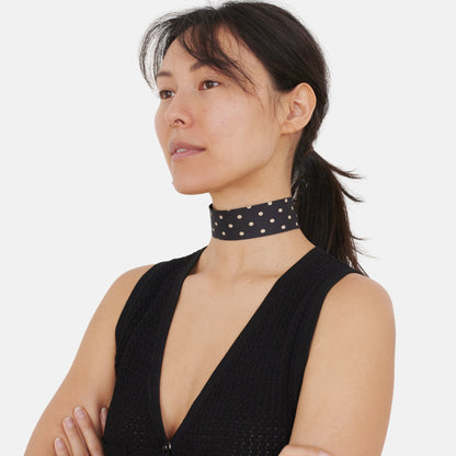 Model wearing the Black Polka Dot Silk Choker – upcycled vintage silk tie | collo limited edition