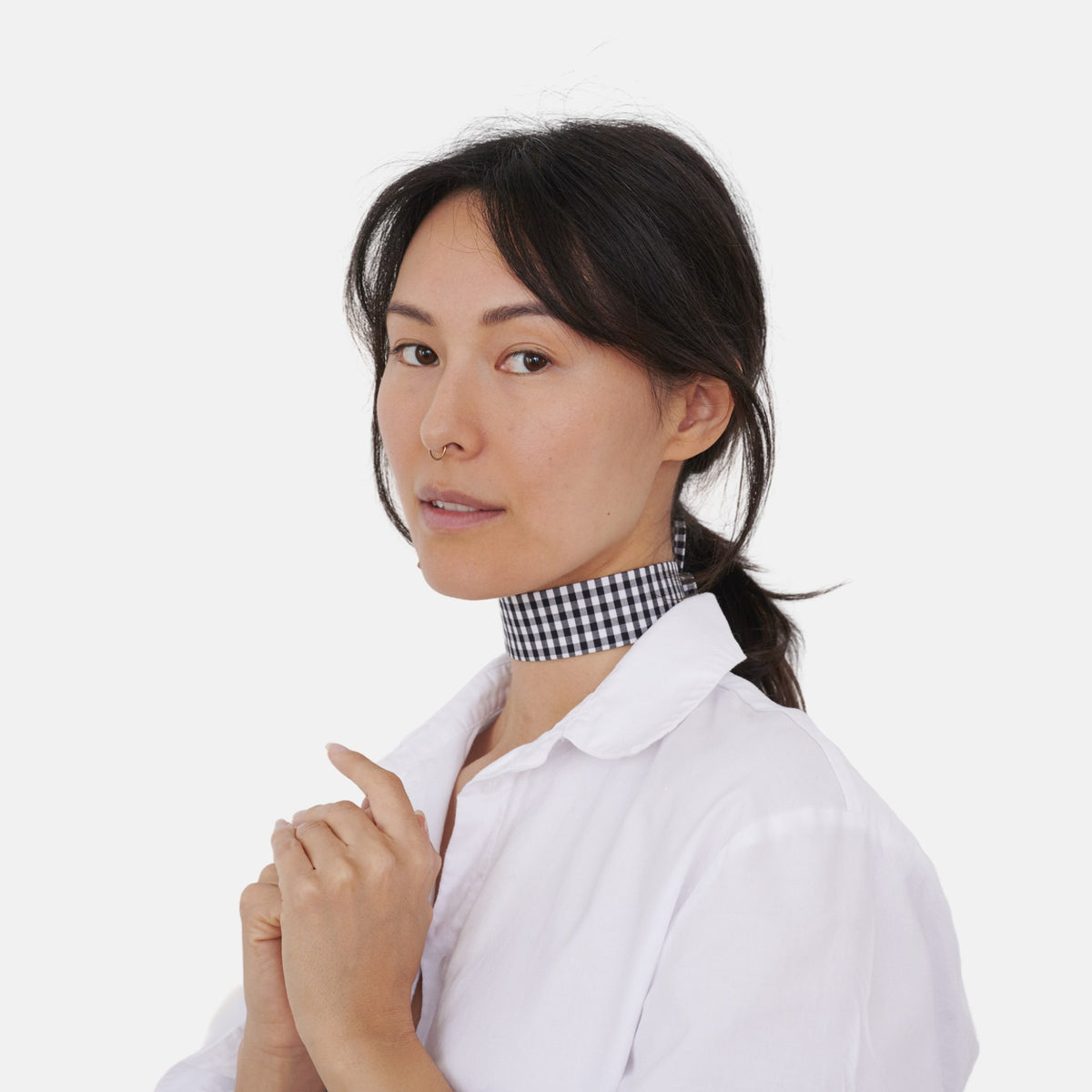 Model wearing the Black Vichy Cotton Choker | collo basics