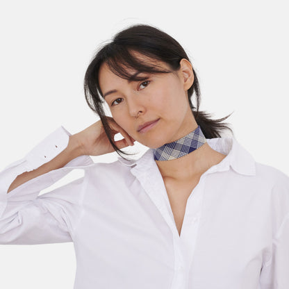 Model wearing the Blue Tartan Cotton Choker | collo basics