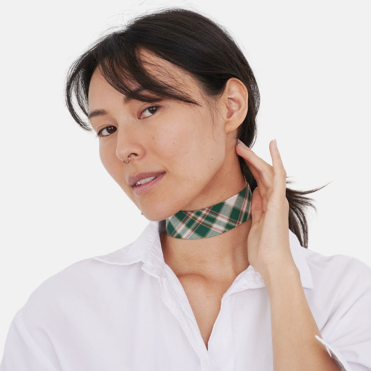 Model wearing the Green Tartan Cotton Choker | collo basics