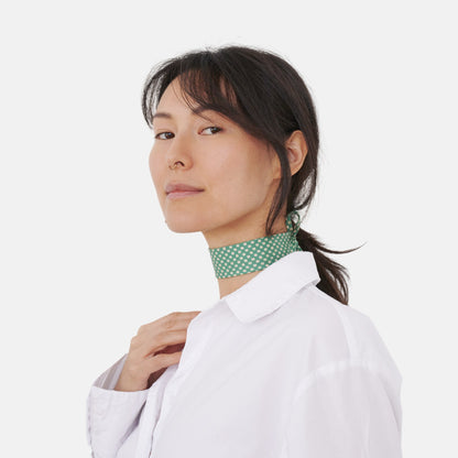 Model wearing the Teal Checkerboard Silk Choker – upcycled vintage silk tie | collo limited edition
